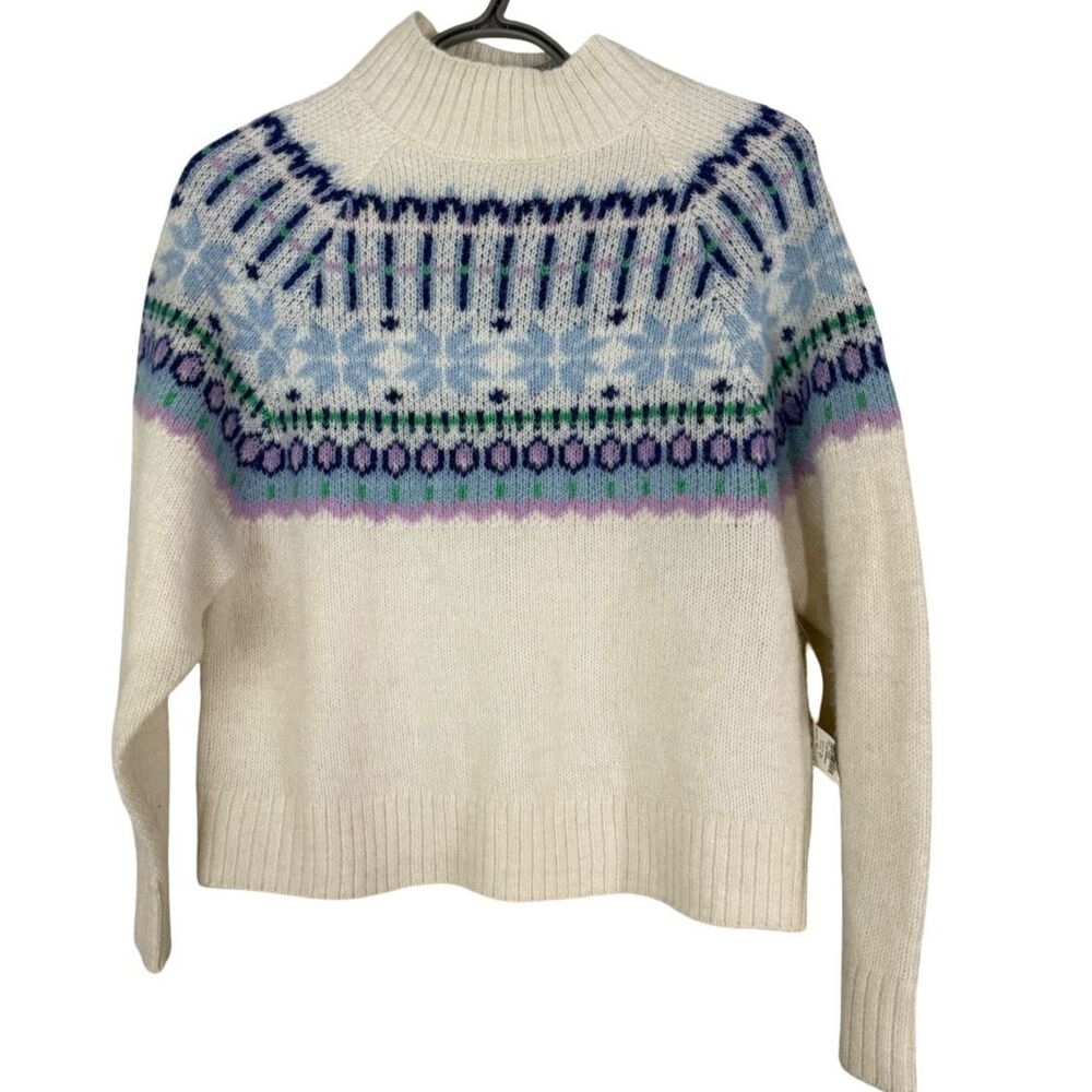 NWT Old Navy Fair Isle Nordic Sweater XS White Wool Blend Snowflake White Blue